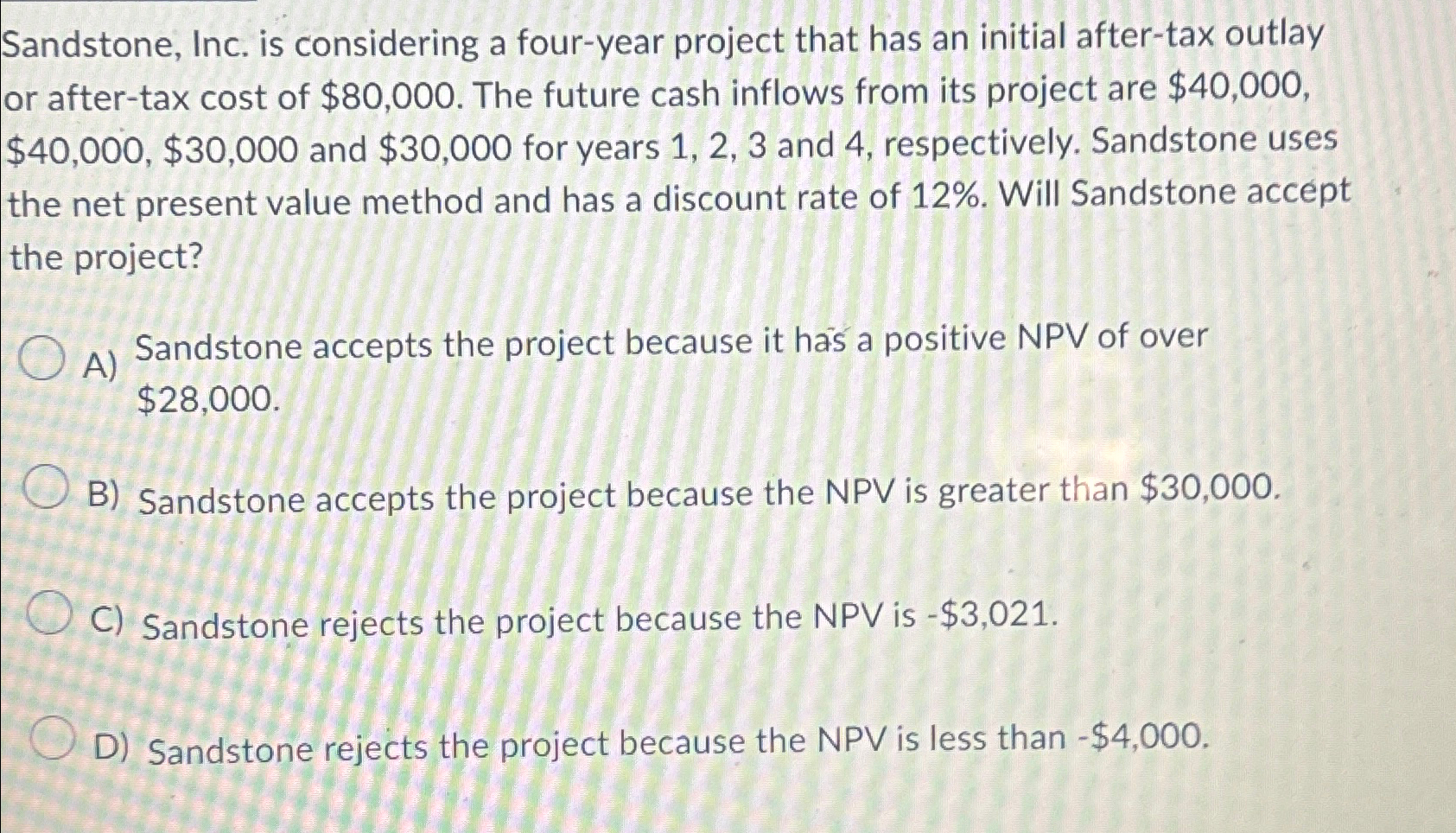  Sandstone, Inc. is considering a four-year project that has an initial