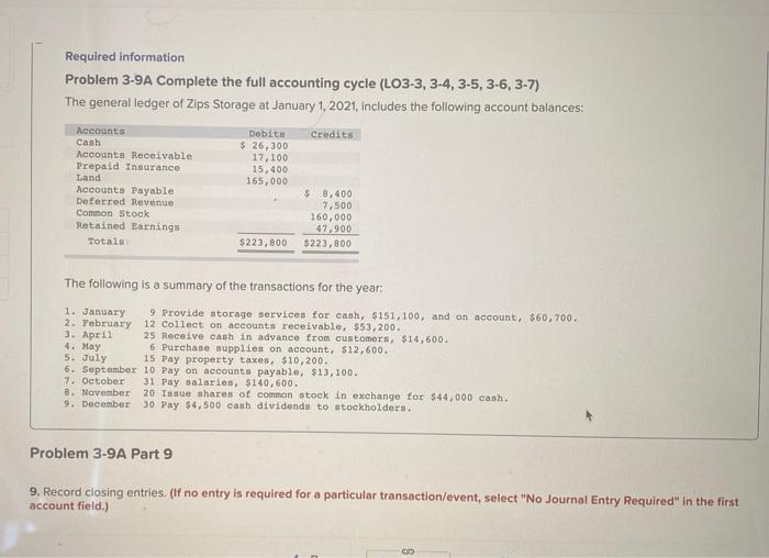  Required information Problem 3-9 A Complete the full accounting cycle (LO3-3,