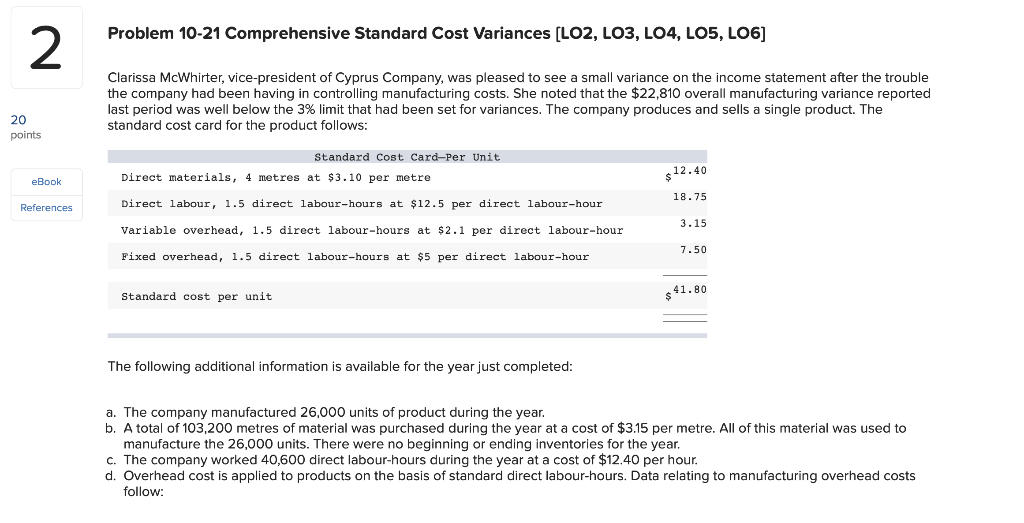  Problem 10-21 Comprehensive Standard Cost Variances (LO2, LO3, LO4, LOS, LO6]