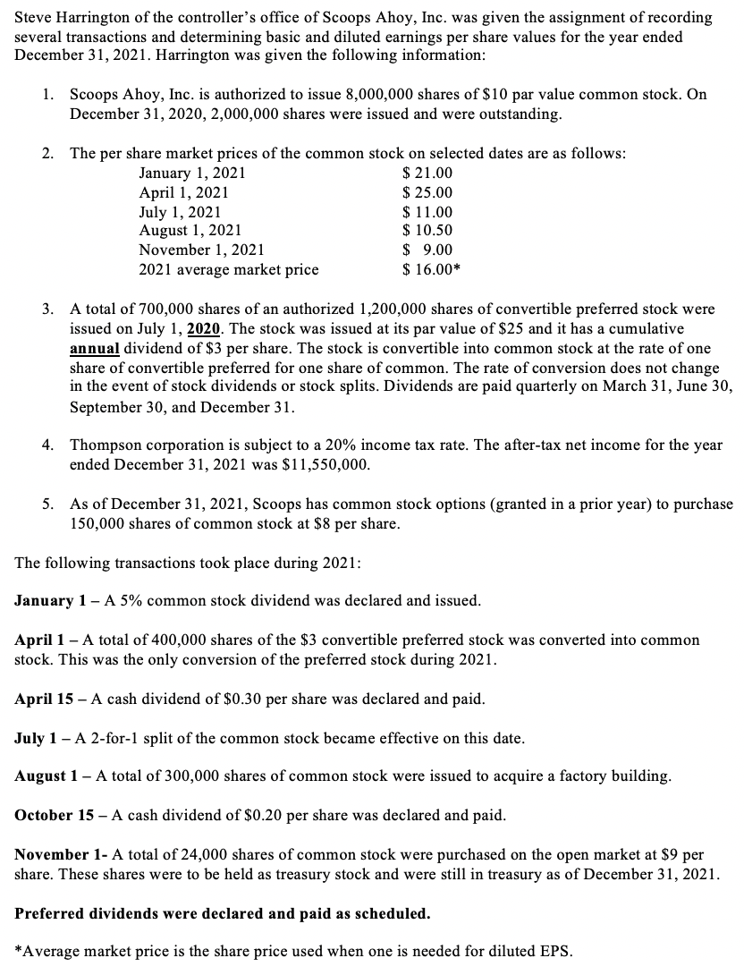  1) Determine Basic EPS for the year ended December 31, 2021.