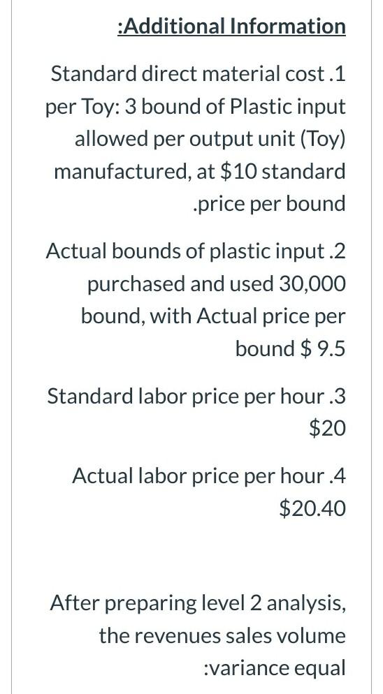 Co. manufactures and sells Toys and the following are the data for
