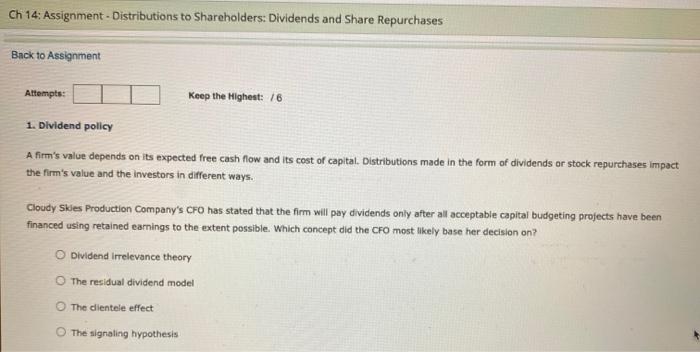  Ch 14: Assignment - Distributions to Shareholders: Dividends and Share Repurchases