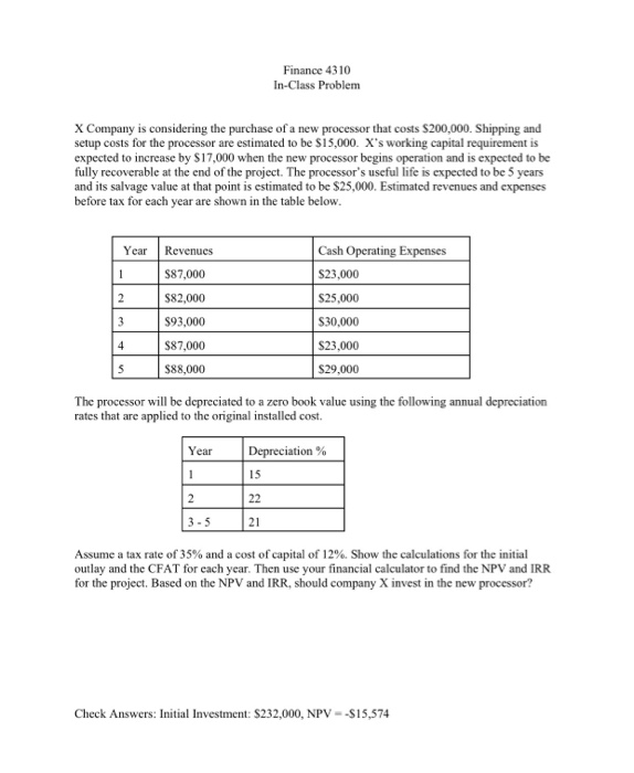  Finance 4310 In-Class Problem X Company is considering the purchase of