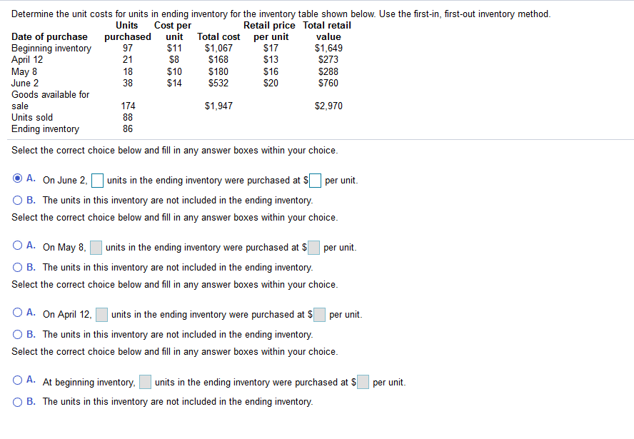  Determine the unit costs for units in ending inventory for the