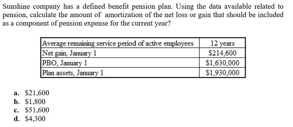 Sunshine company has a defined benefit pension plan. Using the data