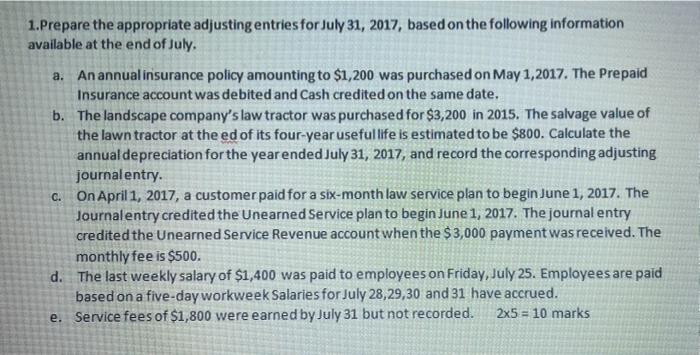  need detailed answer in 45 mint 1.Prepare the appropriate adjusting entries