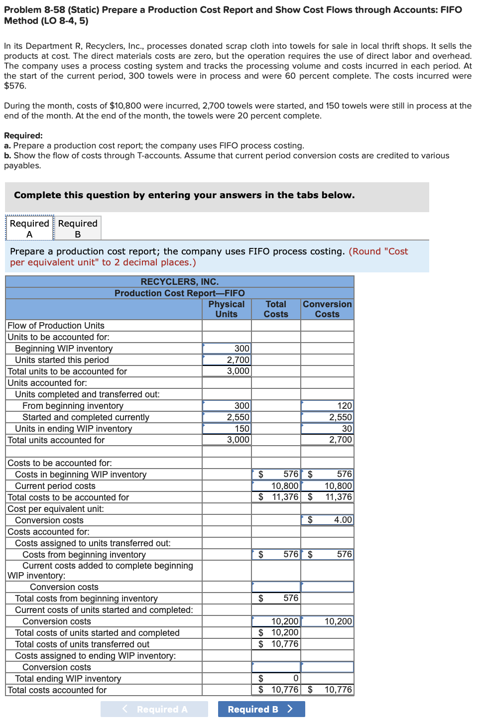 Problem 8-58 (Static) Prepare a Production Cost Report and Show Cost