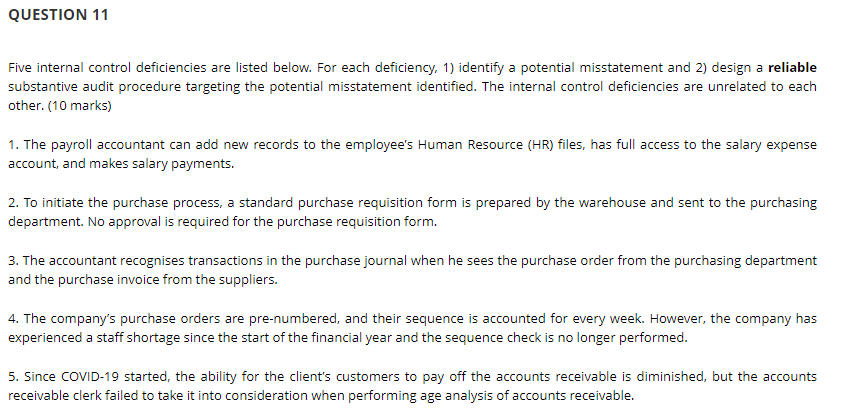  QUESTION 11 Five internal control deficiencies are listed below. For each