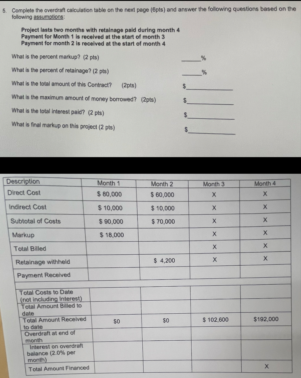  Complete the overdraft calculation table on the next page (6pts) and