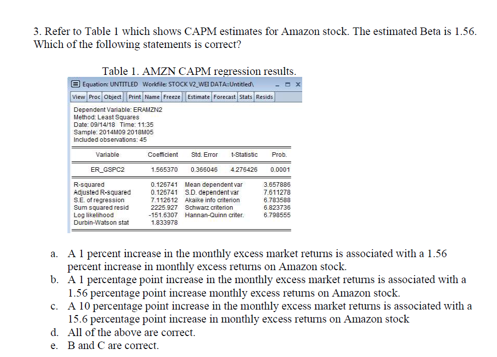  3. Refer to Table 1 which shows CAPM estimates for Amazon