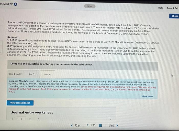  mework 12 Saved Help Save & Exit Check Tanner-UNF Corporation acquired