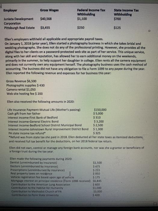 the 2020 federal Income tax return for Ellen Williams. Ignore the requirement