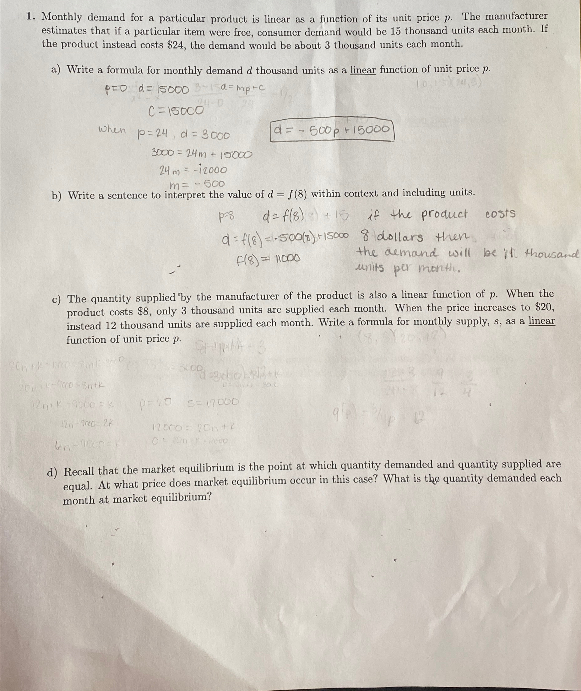  Monthly demand for a particular product is linear as a function
