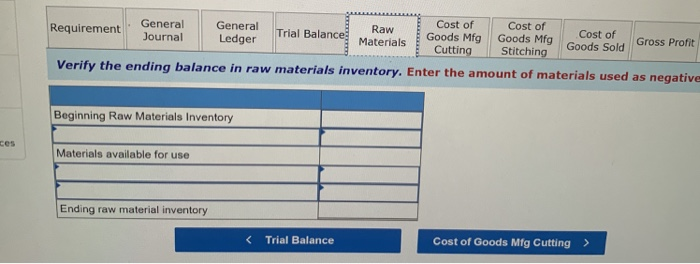 Cutting Gross Pront Goods Sold Stitching General Journal tab. Prepare journal entries