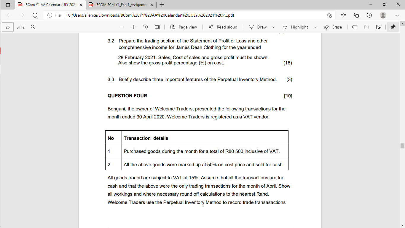 please help with question 4 O PDE BCom Y1 AA Calendar