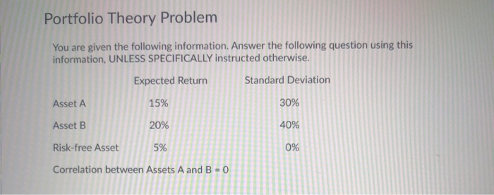  Portfolio Theory Problem You are given the following information. Answer the