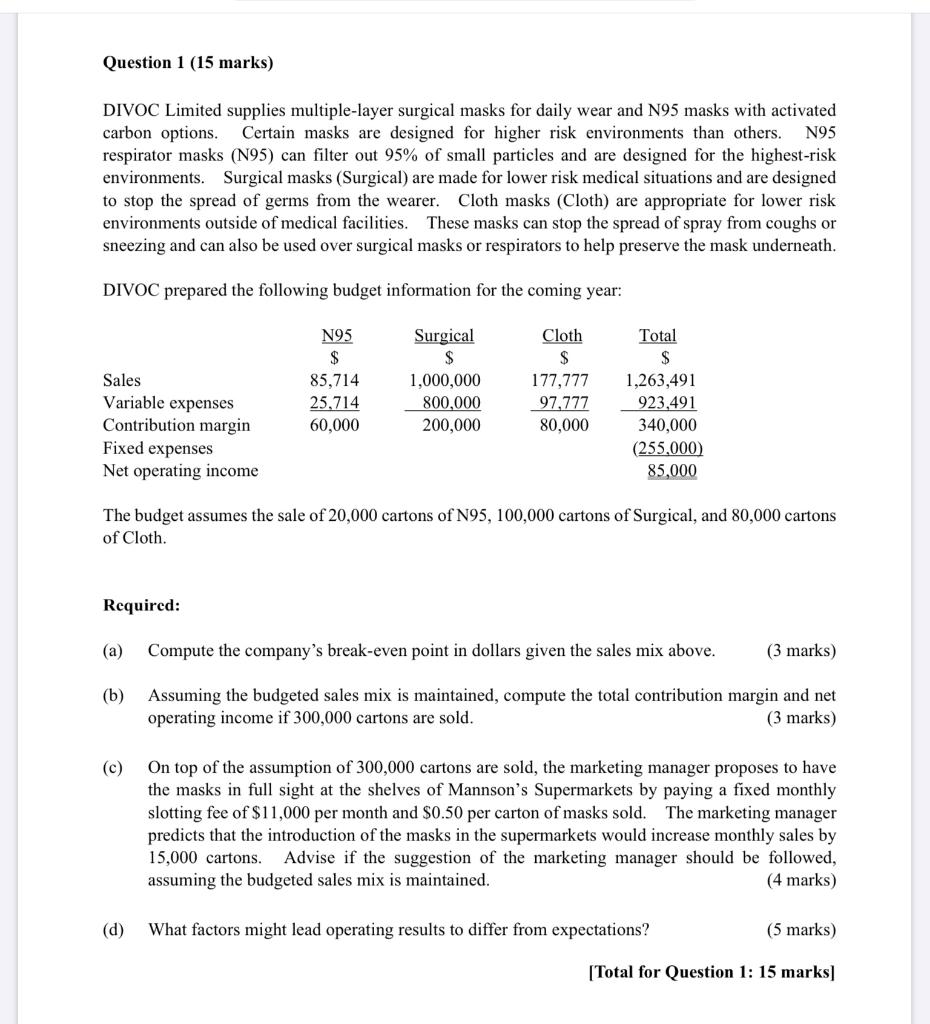 Question 1 (15 marks) DIVOC Limited supplies multiple-layer surgical masks for