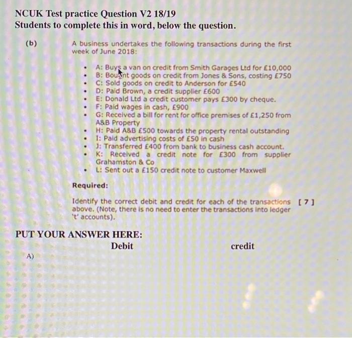  NCUK Test practice Question V2 18/19 Students to complete this in