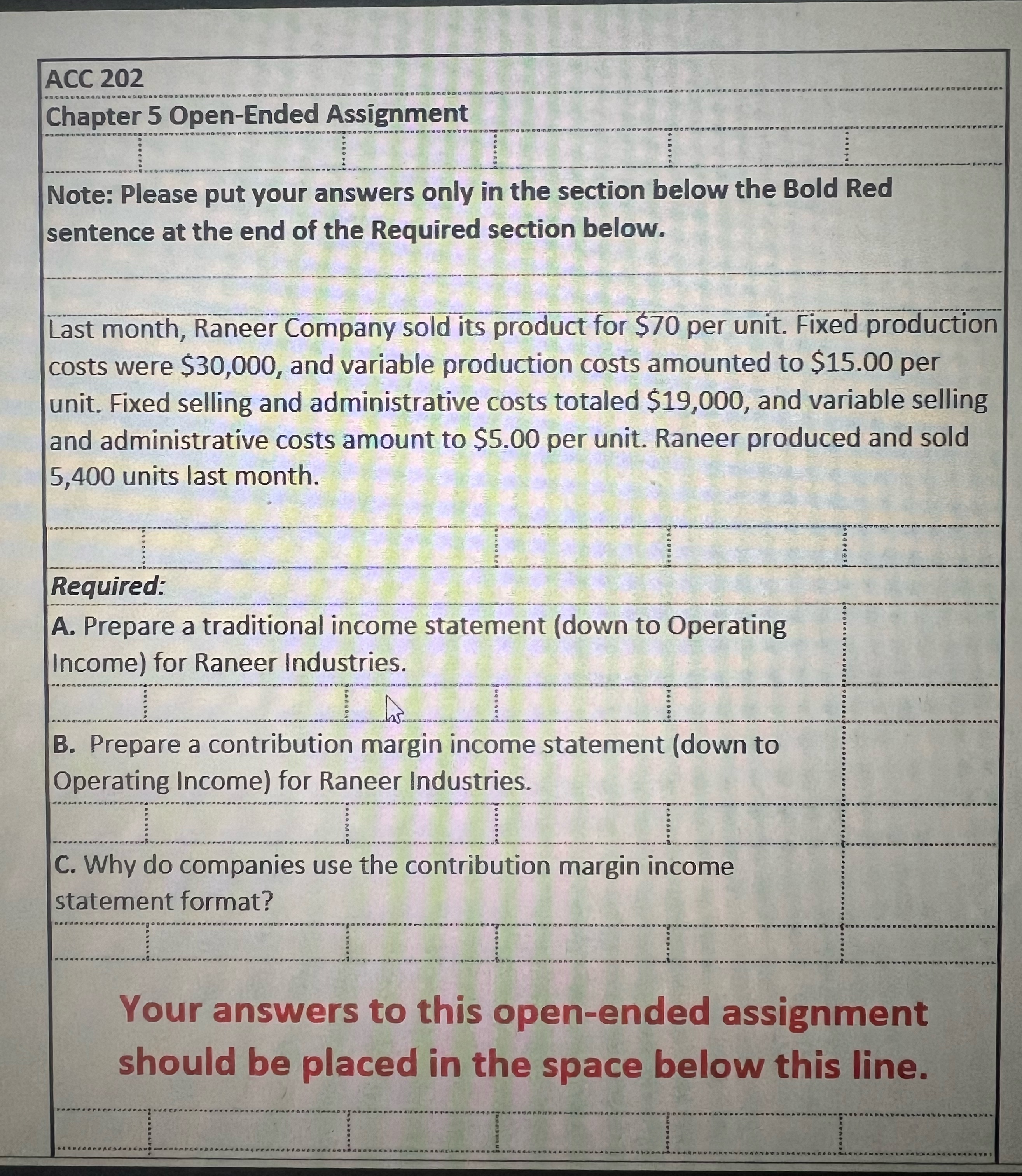  ACC 202 Chapter 5 Open-Ended Assignment Note: Please put your answers