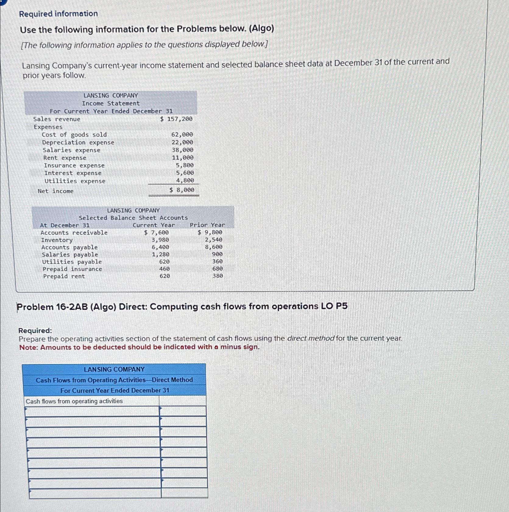  Required information Use the following information for the Problems below. (Algo)