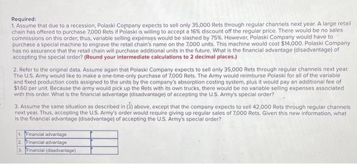 the information provided Polaski Company manufactures and sells a siagle product called