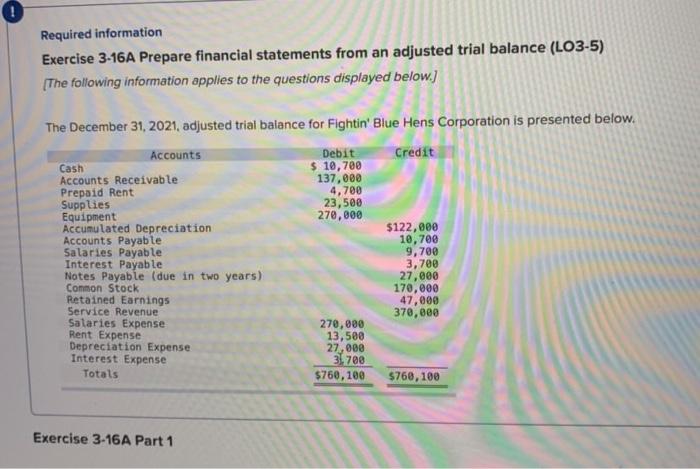  Required information Exercise 3-16A Prepare financial statements from an adjusted trial