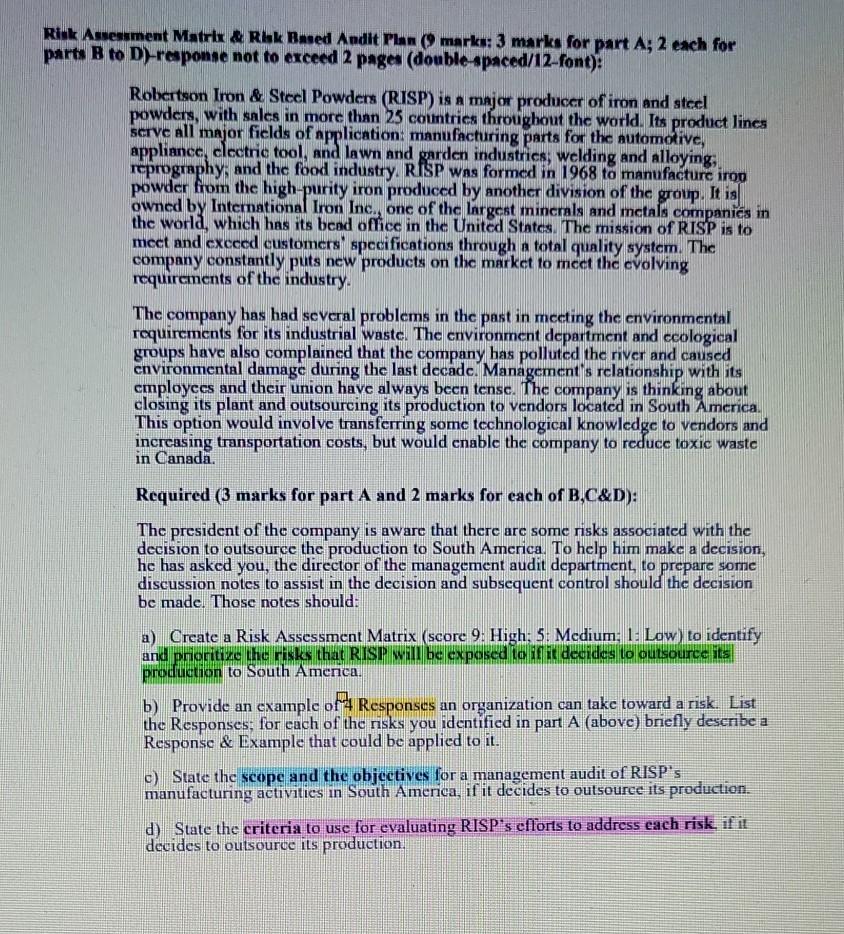 Risk Assessment Matrix & Rik Based Andit Plan (9 marka: 3