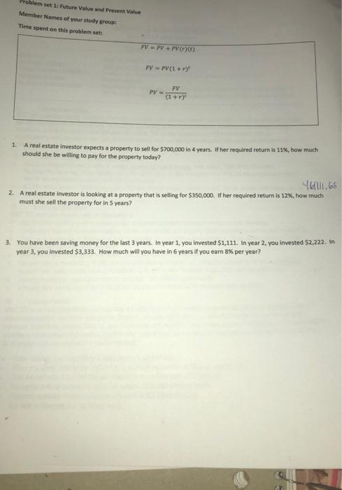  Problem set Future Value and Present Value Member Names of your