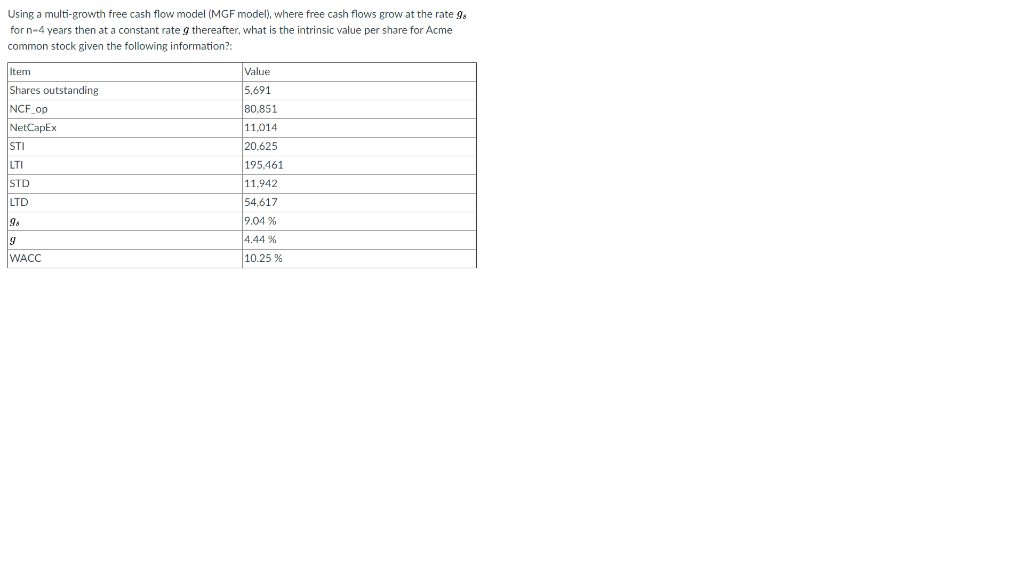  Using a multi-growth free cash flow model (MGF model), where free