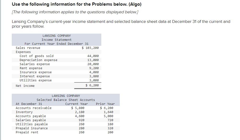 Use the following information for the Problems below. (Algo) [The following