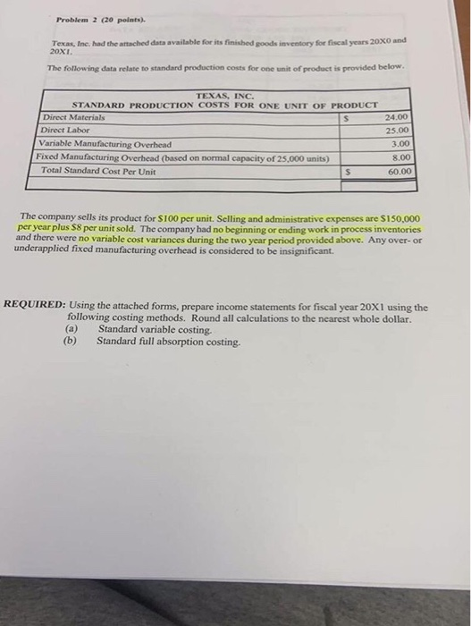  Problem 2 (20 points). Texas, Inc. had the attached data available
