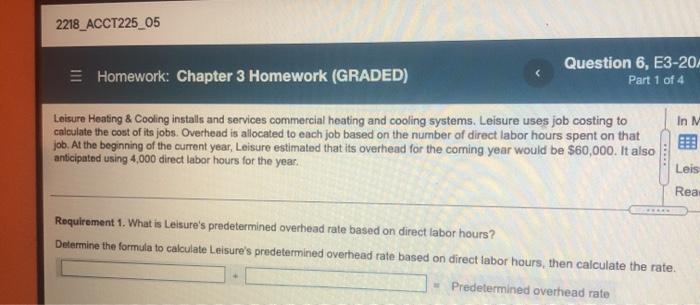  2218_ACCT225_05 Homework: Chapter 3 Homework (GRADED) Question 6, E3-20 Part 1
