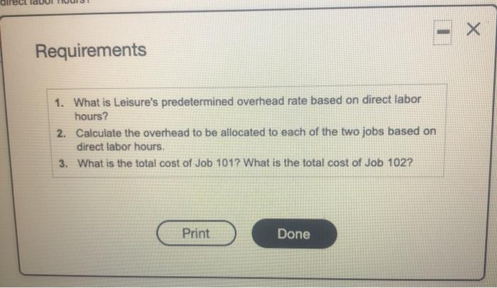 cooling systems. Leisure uses job costing to calculate the cost of its