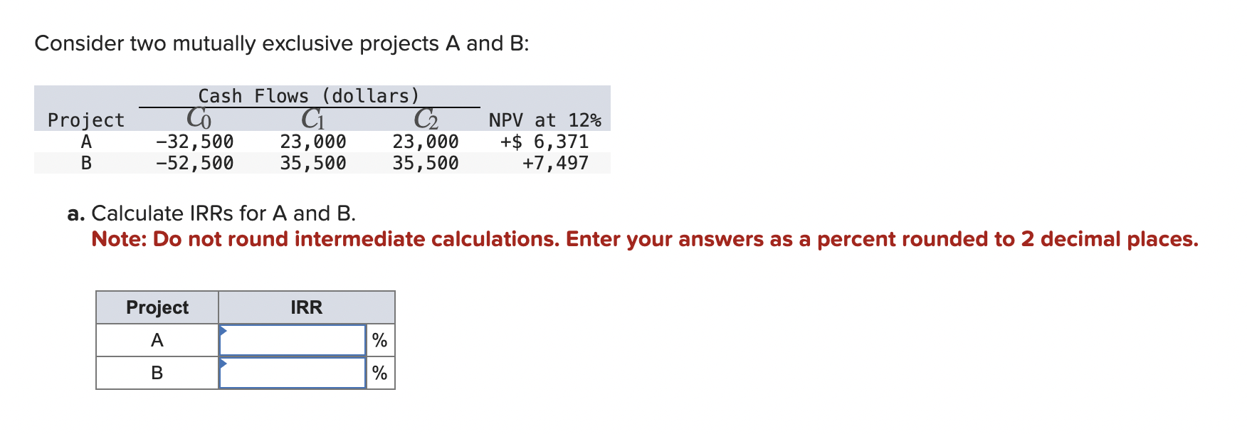  Consider two mutually exclusive projects A and B : a. Calculate