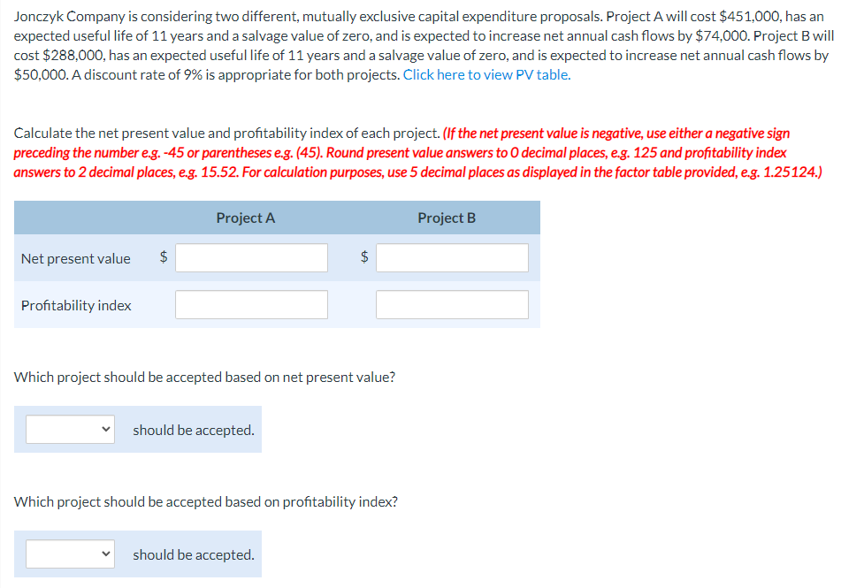 Jonczyk Company is considering two different, mutually exclusive capital expenditure proposals.