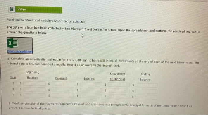  excel online structured activity:amortization schedule 1 Video Excel Online Structured Activity: