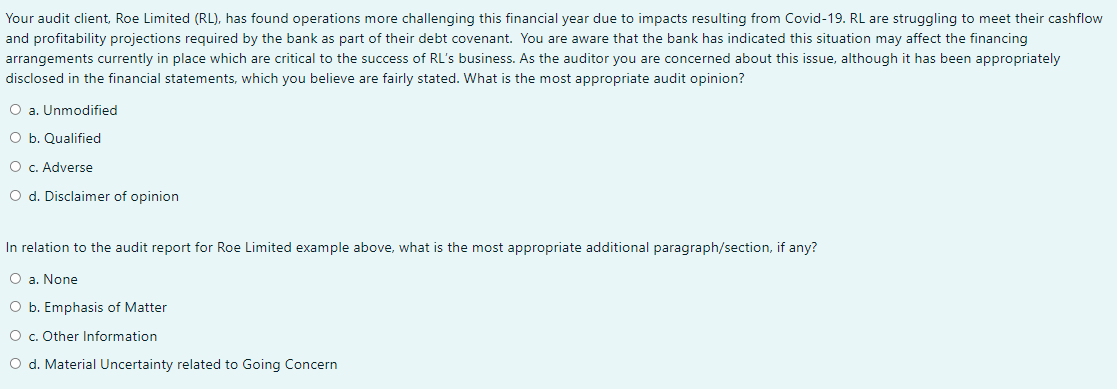  Your audit client, Roe Limited (RL), has found operations more challenging