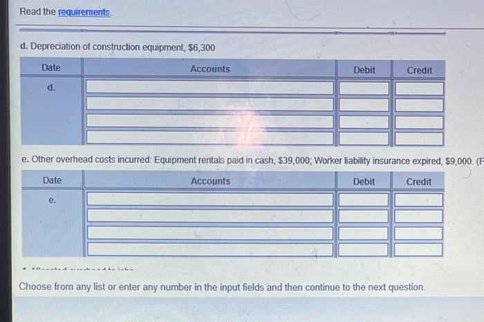 b. Requisitioned direct materials and used direct labor in construction Record the