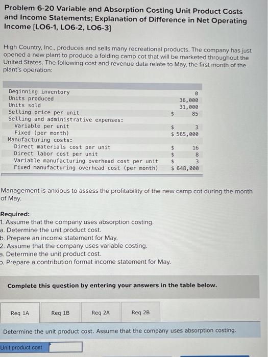 Problem 6-20 Variable and Absorption Costing Unit Product Costs and Income
