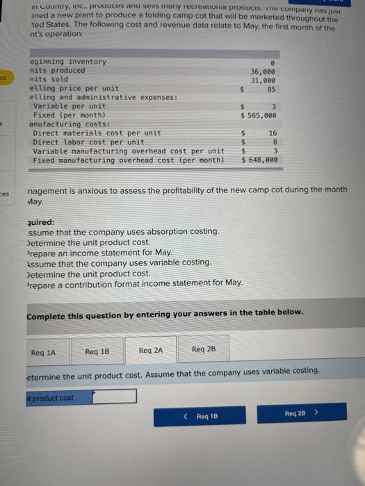 Country, Inc., produces and sells many recreational products. The company has just