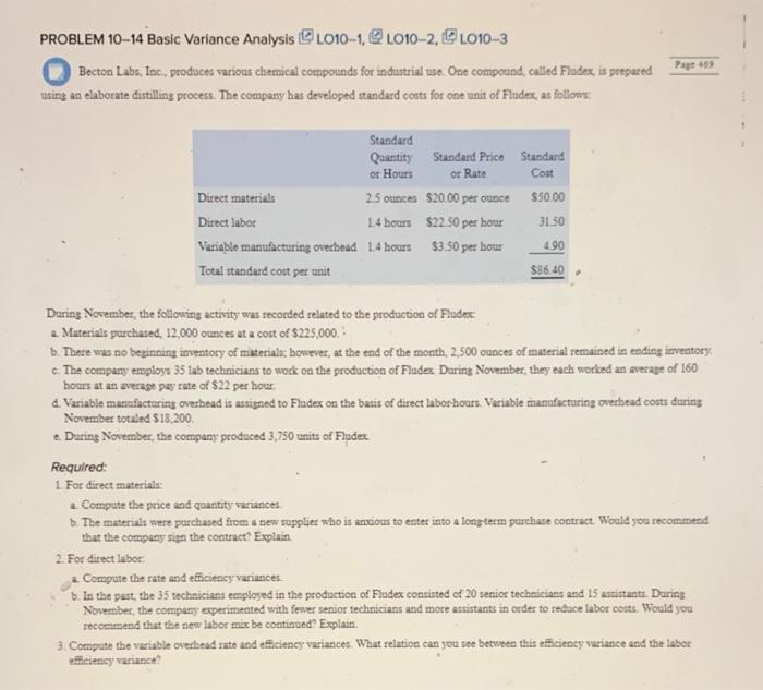  PROBLEM 10-14 Basic Variance Analysis (L010-1,L010-2, L010-3 Becton Labs, Inc., produces