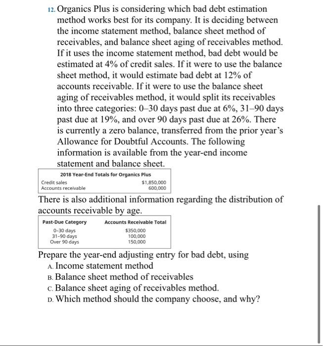  12. Organics Plus is considering which bad debt estimation method works