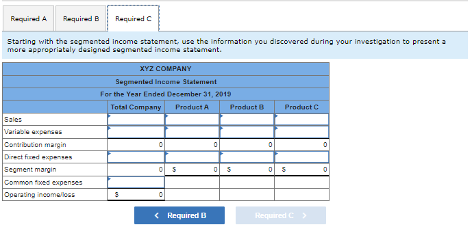 XYZ COMPANY Segmented Income Statement For the Year Ended December 31, 2019
