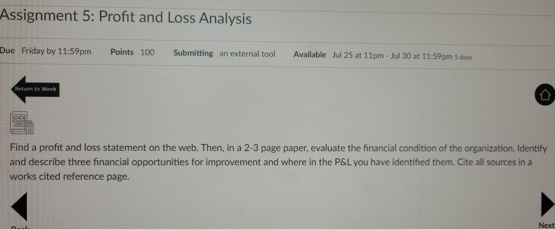 Old MathJax webview Assignment 5: Profit and Loss Analysis Due Friday by