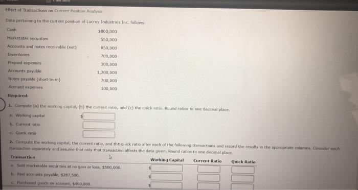  Effect of Transactions on Current Position Analysis Data pertaining to the