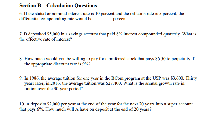  Section B - Calculation Questions 6. If the stated or nominal