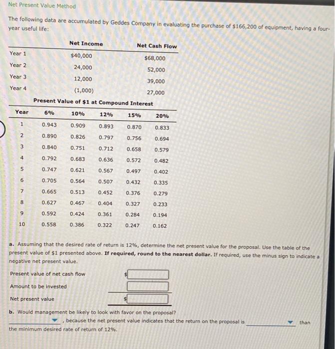  Net Present Value Method The following data are accumulated by Geddes
