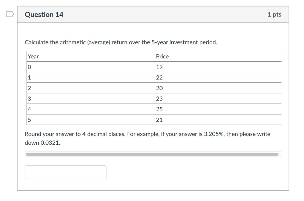  Question 14 1 pts Calculate the arithmetic (average) return over the