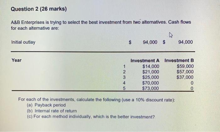  Question 2 (26 marks) A&B Enterprises is trying to select the