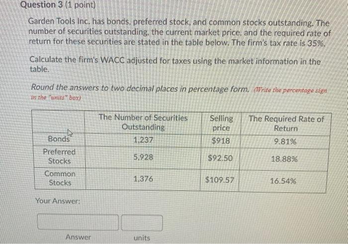  Question 3 (1 point) Garden Tools Inc. has bonds, preferred stock,